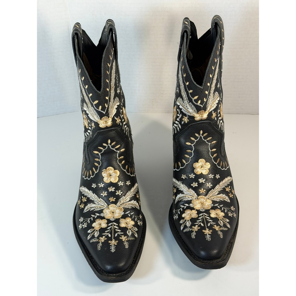 Black Leather Floral Embroidered Western Cowboy Boots Gold Silver Metallic Toe